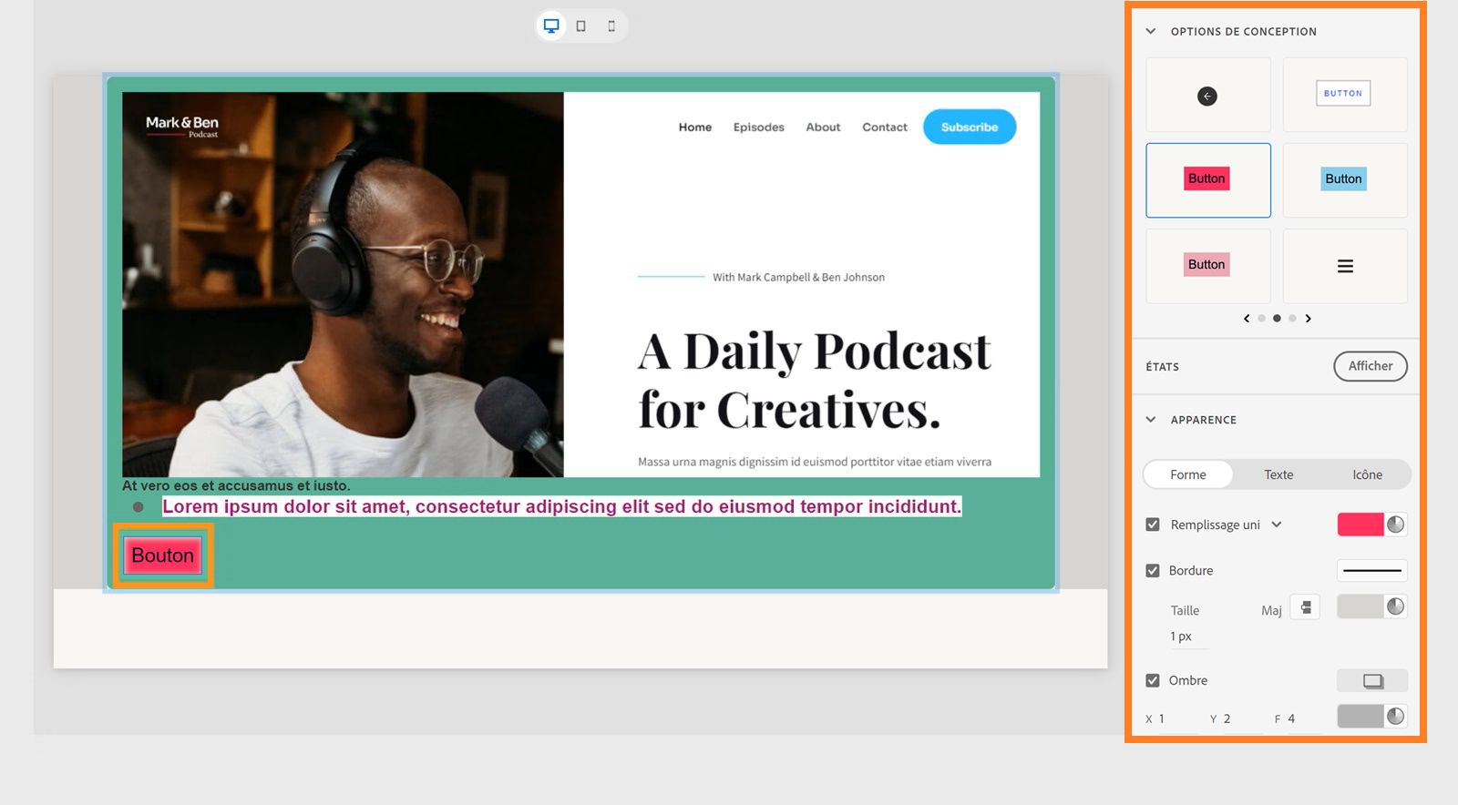 Personnalisation du bouton dans un objet Web