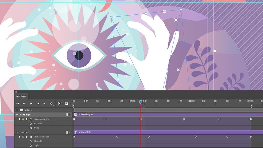 Le panneau Montage de Photoshop affiche les objets dynamiques activés des mains gauche et droite avec la propriété Transformation.