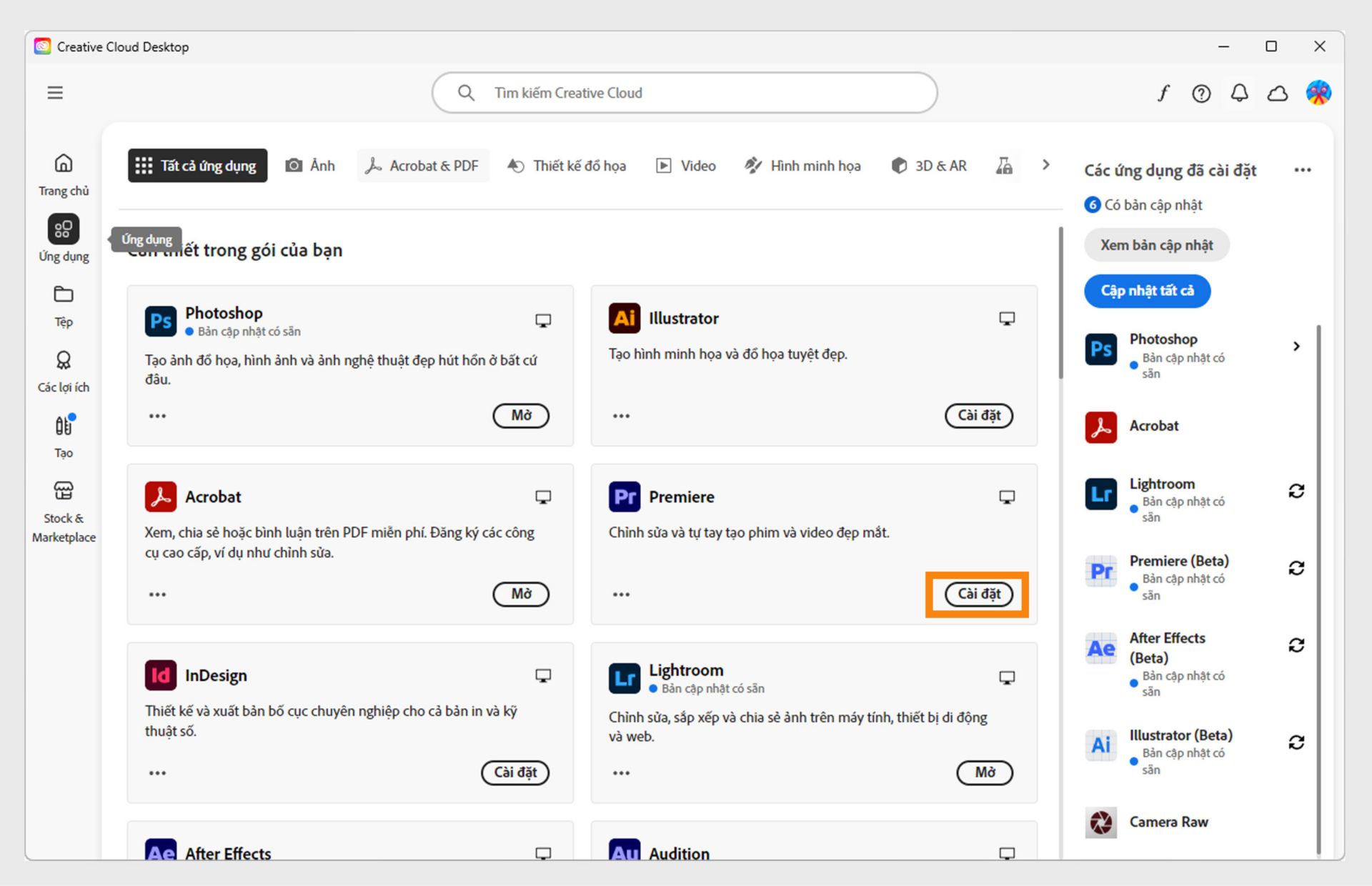Thẻ Ứng dụng trong ứng dụng Creative Cloud dành cho máy tính hiển thị các ứng dụng có sẵn để khởi chạy, cài đặt, mở trong trình duyệt hoặc mở trên máy tính. 