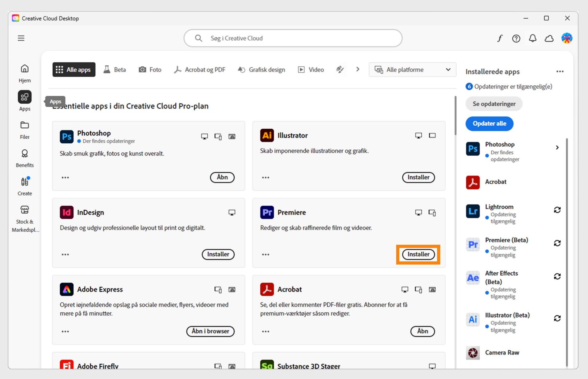 Fanen Apps på Creative Cloud-computerappen viser de apps, der kan startes, installeres, åbnes i browseren eller åbnes på computeren. 
