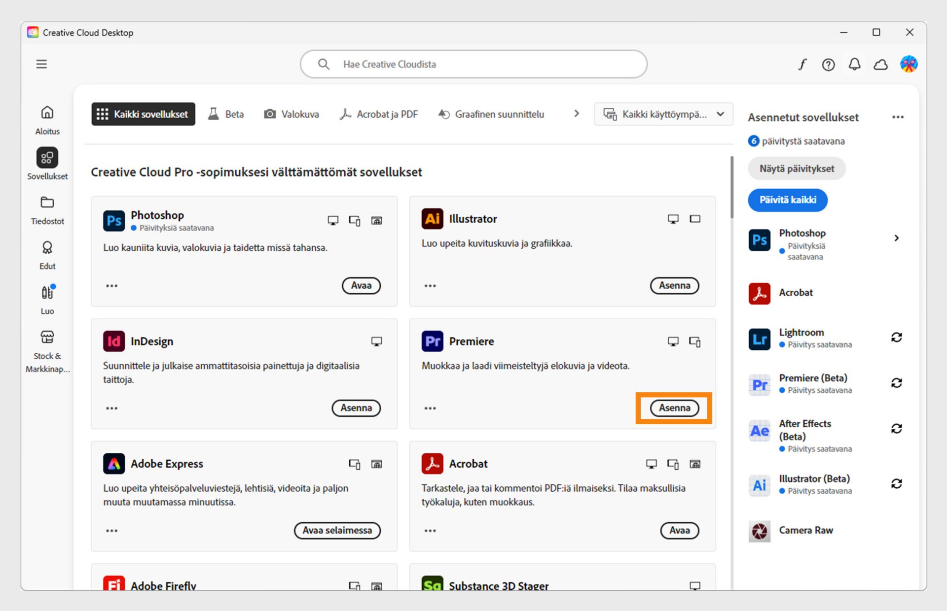Creative Cloud -tietokonesovelluksen Sovellukset-välilehti näyttää sovellukset, jotka voit käynnistää, asentaa, avata selaimessa tai avata tietokoneella. 