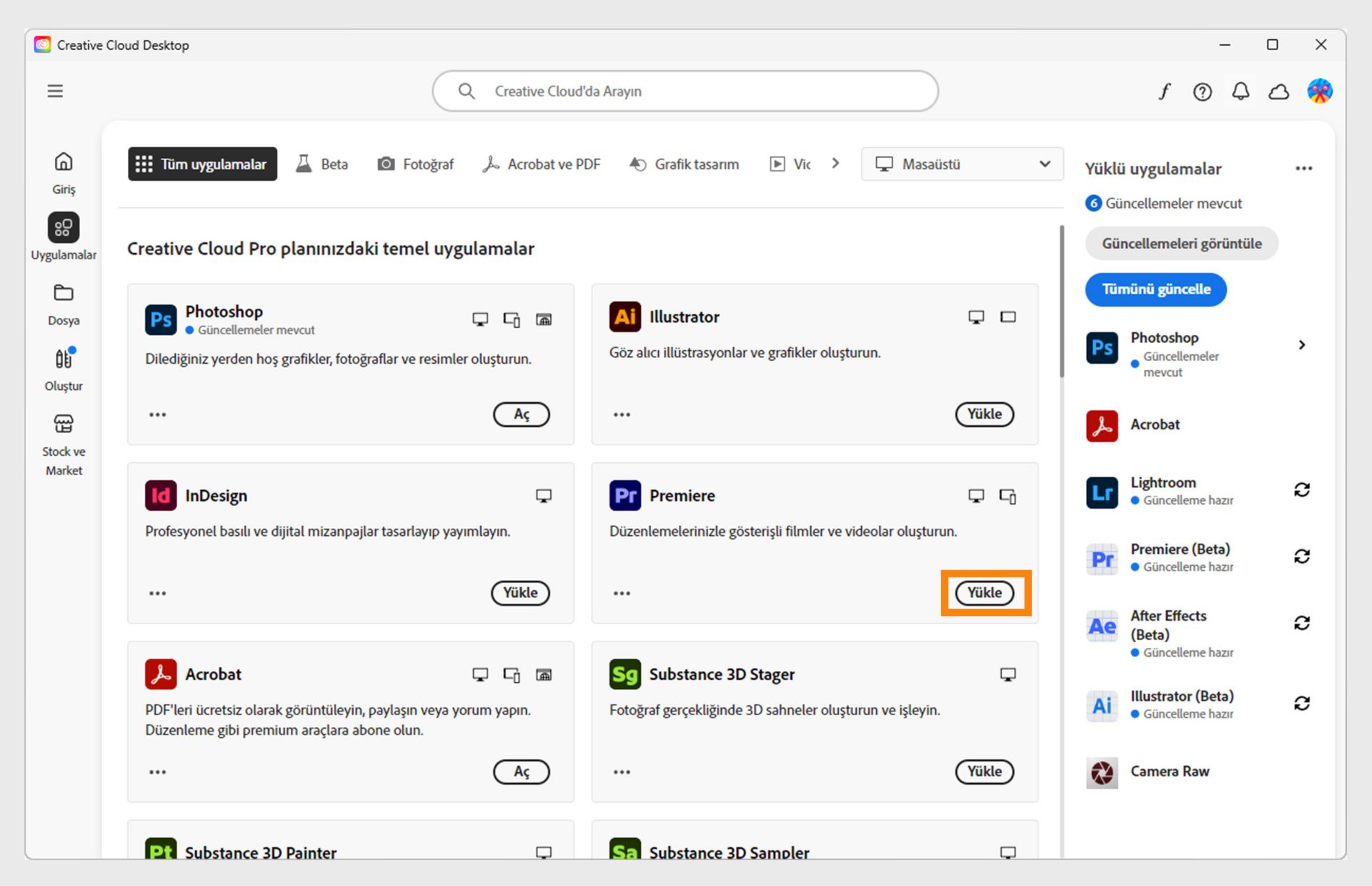 Creative Cloud masaüstü uygulamasının Uygulamalar sekmesi başlatılabilecek, yüklenebilecek, tarayıcıda açılabilecek veya masaüstünde açılabilecek uygulamaları gösterir.