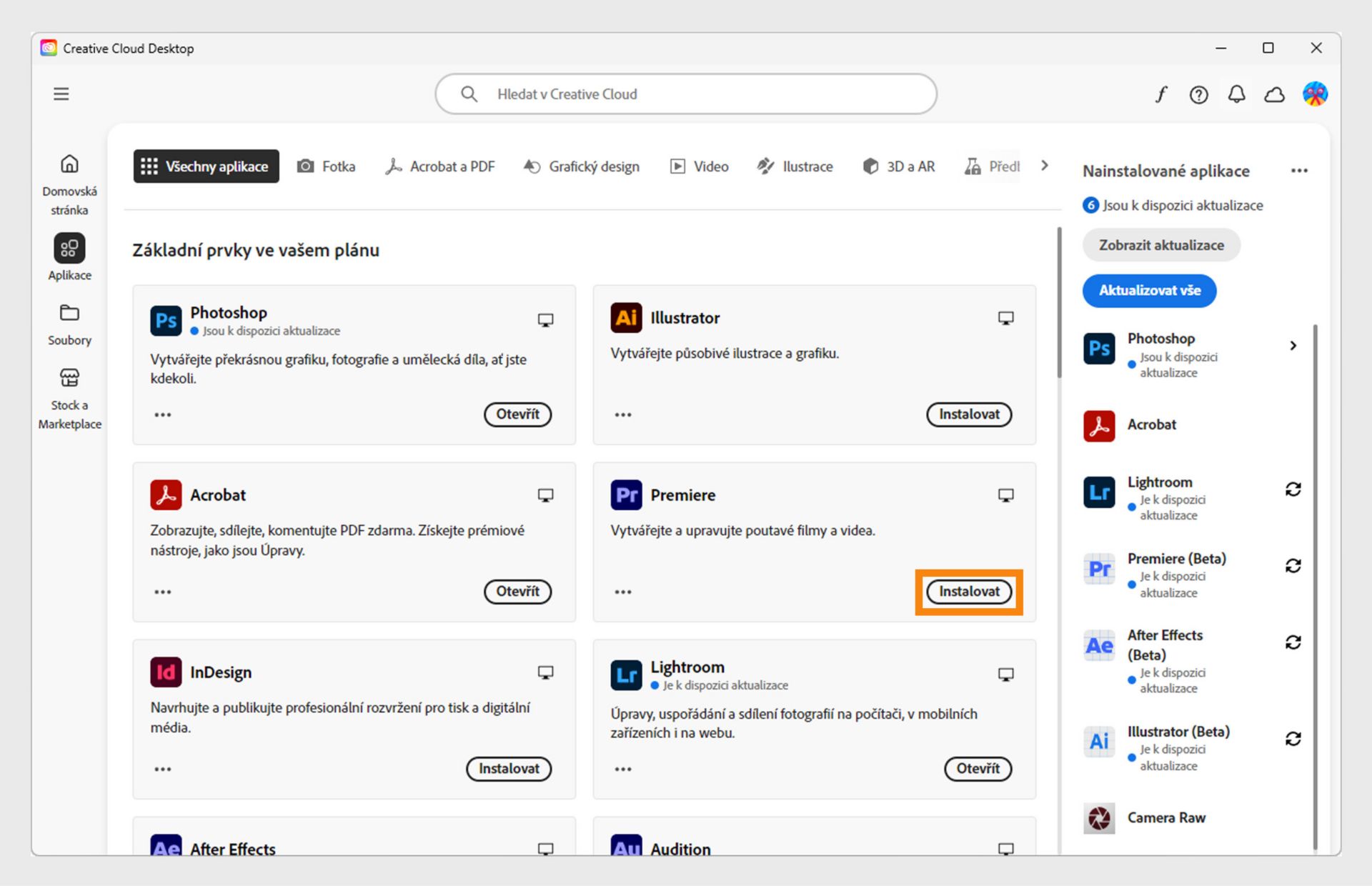Karta Aplikace v aplikaci Creative Cloud pro počítače zobrazuje aplikace, které jsou k dispozici ke spuštění, instalaci, otevření v prohlížeči nebo otevření na počítači.