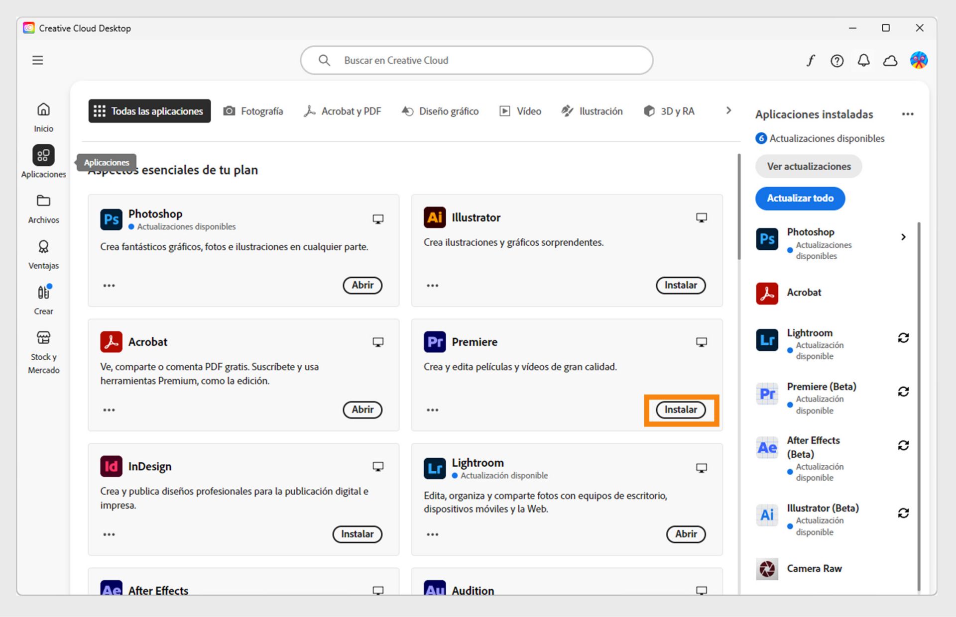 La pestaña Aplicaciones de la aplicación de escritorio de Creative Cloud muestra las aplicaciones disponibles para iniciar, instalar, abrir en el explorador o abrir en el escritorio.
