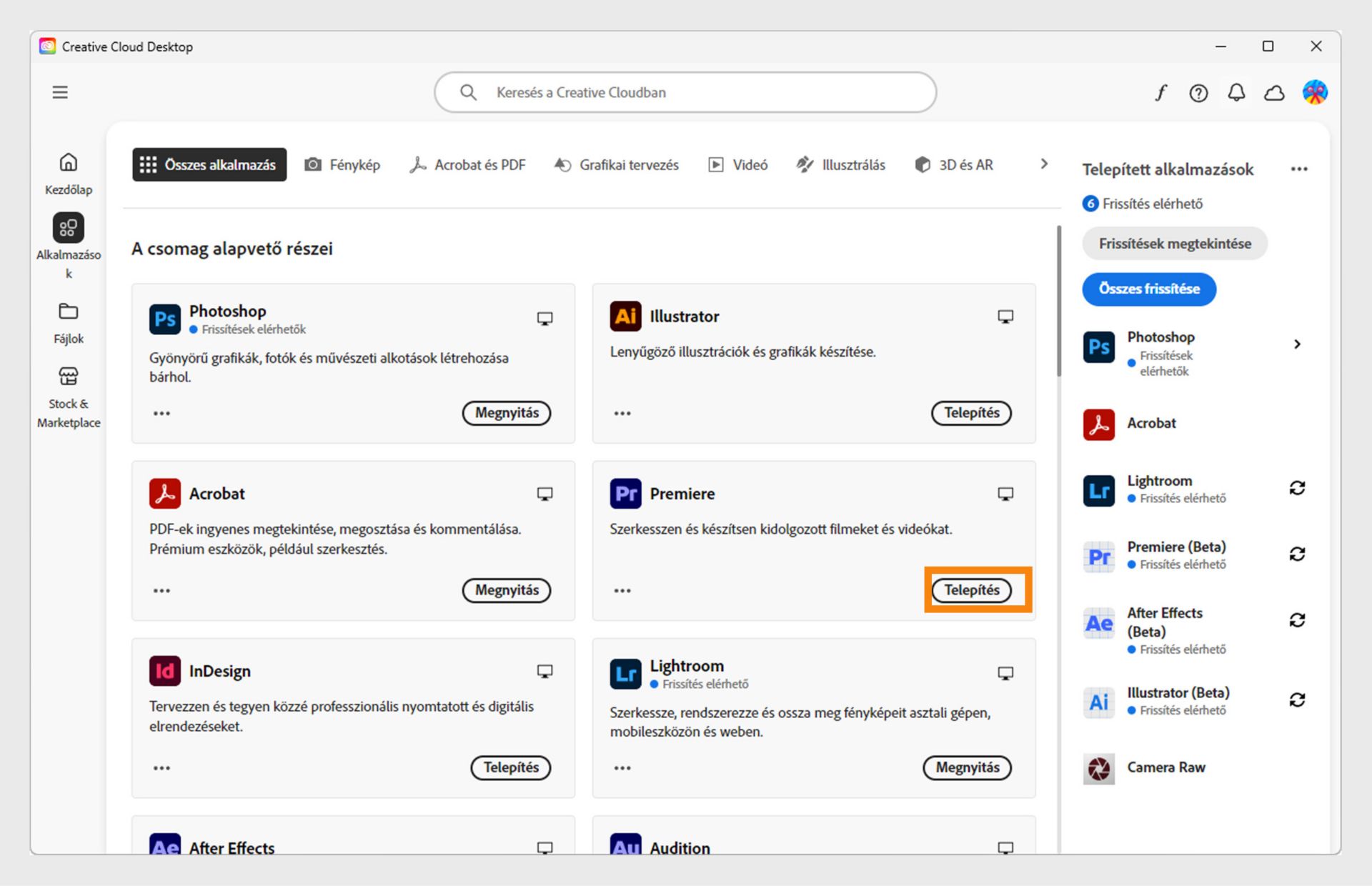 A Creative Cloud asztali alkalmazás Alkalmazások lapja megjeleníti az indításra, telepítésre, böngészőben való megnyitásra vagy asztalon való megnyitásra elérhető alkalmazásokat. 
