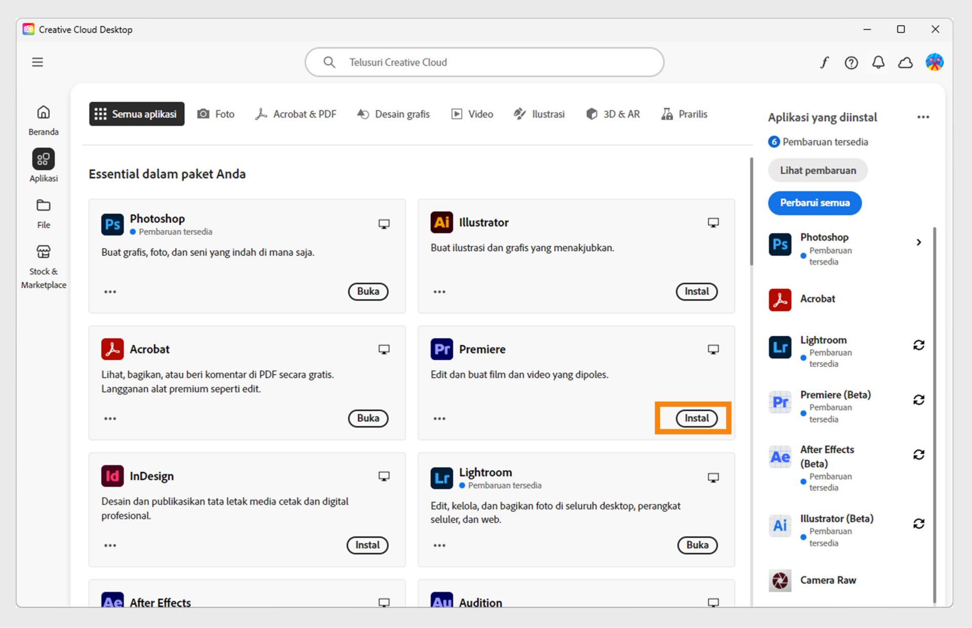 Tab Apps dari aplikasi desktop Creative Cloud menampilkan aplikasi yang tersedia untuk diluncurkan, diinstal, dibuka di browser, atau dibuka di desktop.