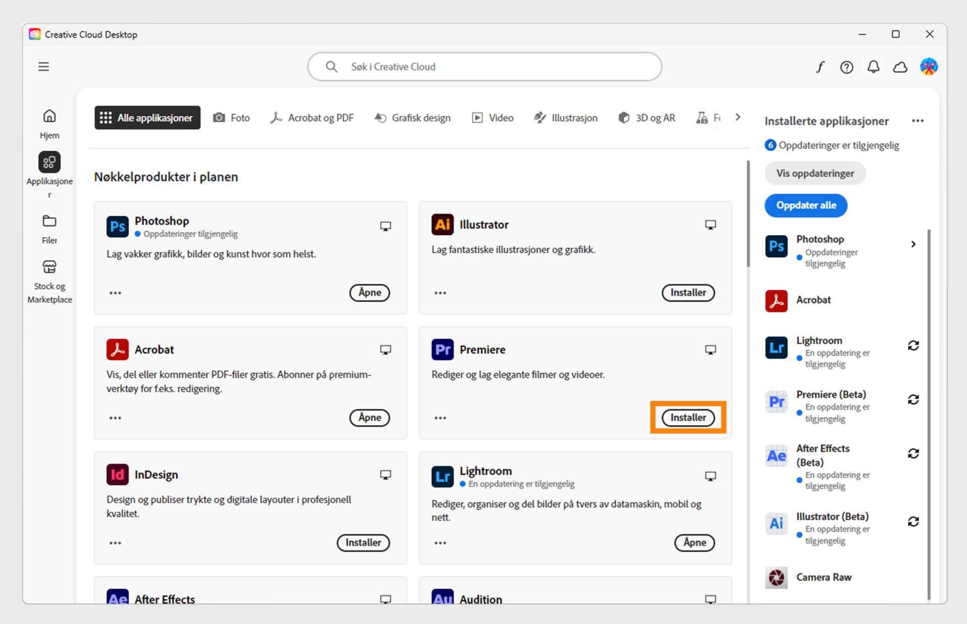 Apper-fanen i Creative Cloud-appen for datamaskin viser appene som er tilgjengelige for å starte, installere, åpne i nettleser eller åpne på datamaskin.