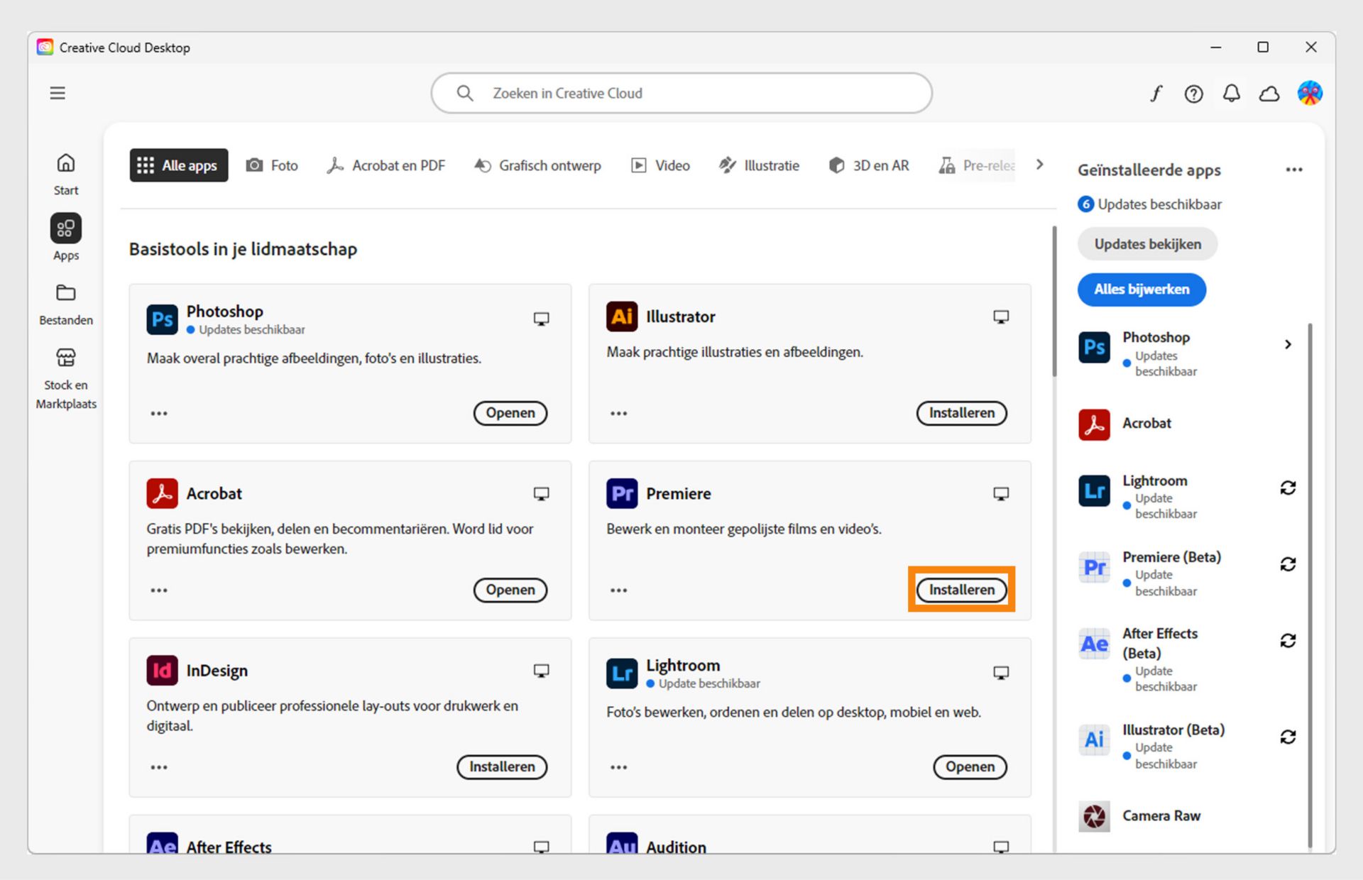 Het tabblad Applicaties van de Creative Cloud desktop-app toont de applicaties die beschikbaar zijn om te starten, installeren, openen in browser of openen op desktop.