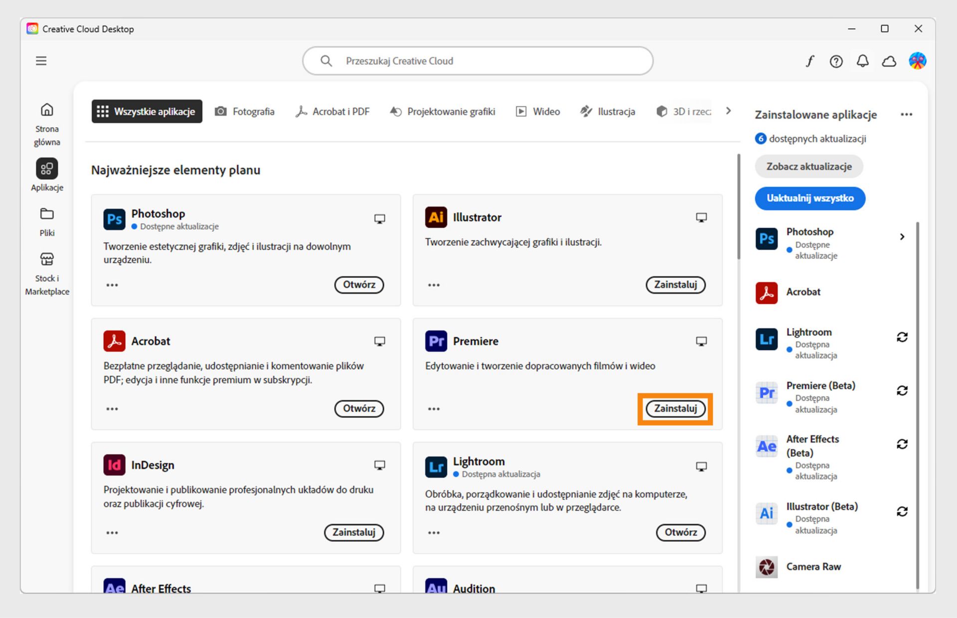 Karta Aplikacje w aplikacji Creative Cloud Desktop pokazuje aplikacje dostępne do uruchomienia, instalacji, otwarcia w przeglądarce lub otwarcia na komputerze.