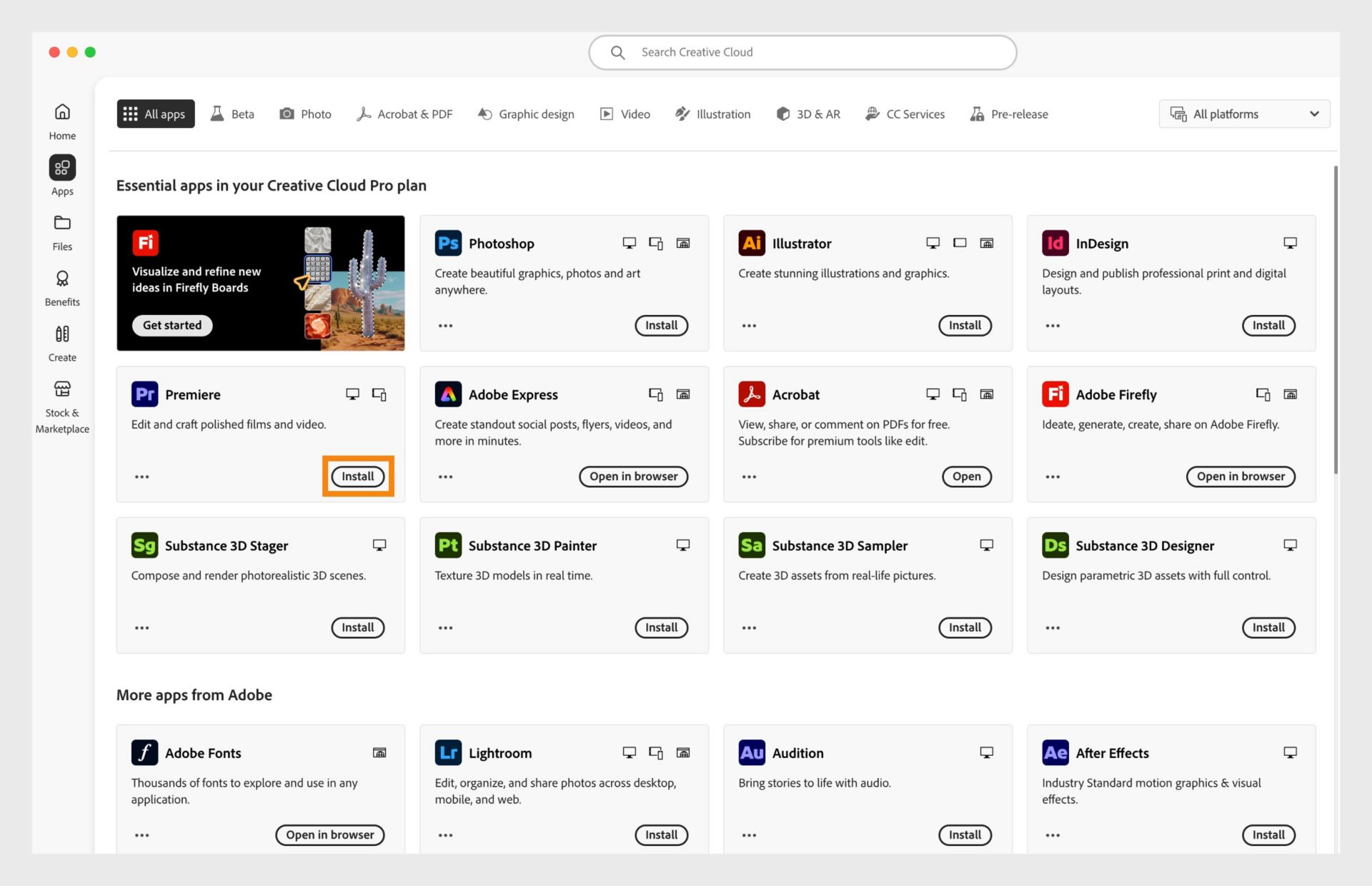 Zavihek Programi namiznega programa Creative Cloud prikazuje programe, ki so na voljo za zagon, namestitev, odpiranje v brskalniku ali odpiranje na namizju.