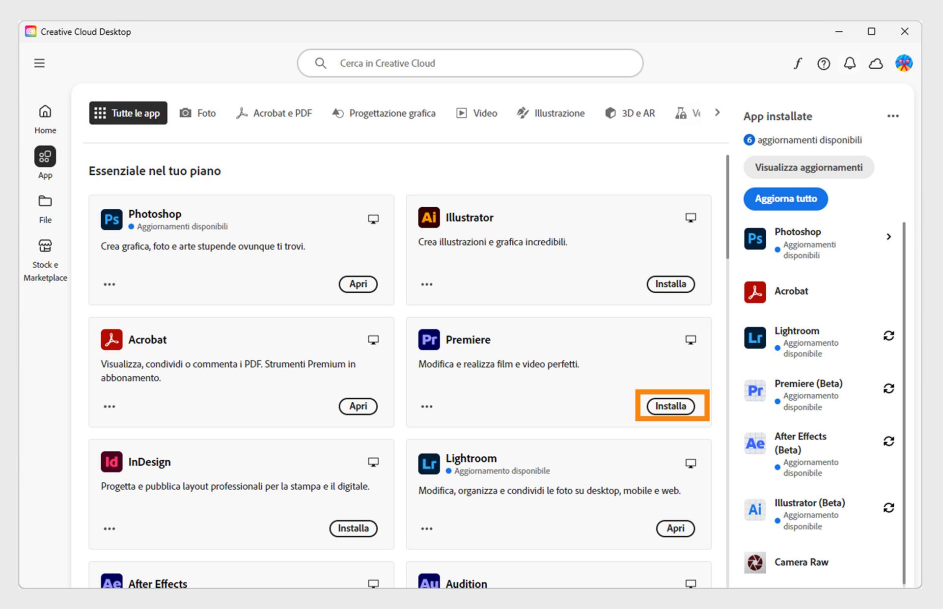 La scheda App dell'applicazione Creative Cloud Desktop mostra le app disponibili per l'avvio, l'installazione, l'apertura nel browser o l'apertura sul desktop. 