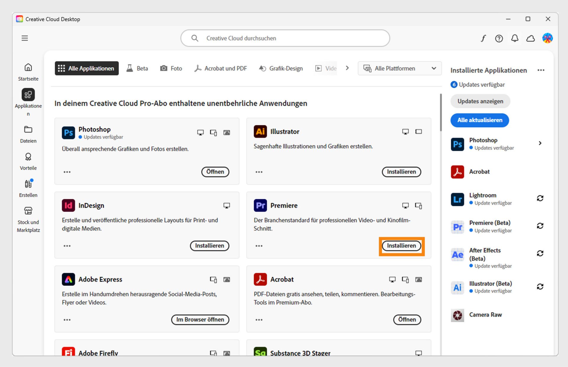Auf der Registerkarte „Applikationen“ der Creative Cloud Desktop-App werden die Anwendungen angezeigt, die zum Starten, Installieren, Öffnen im Browser oder Öffnen auf dem Desktop verfügbar sind. 