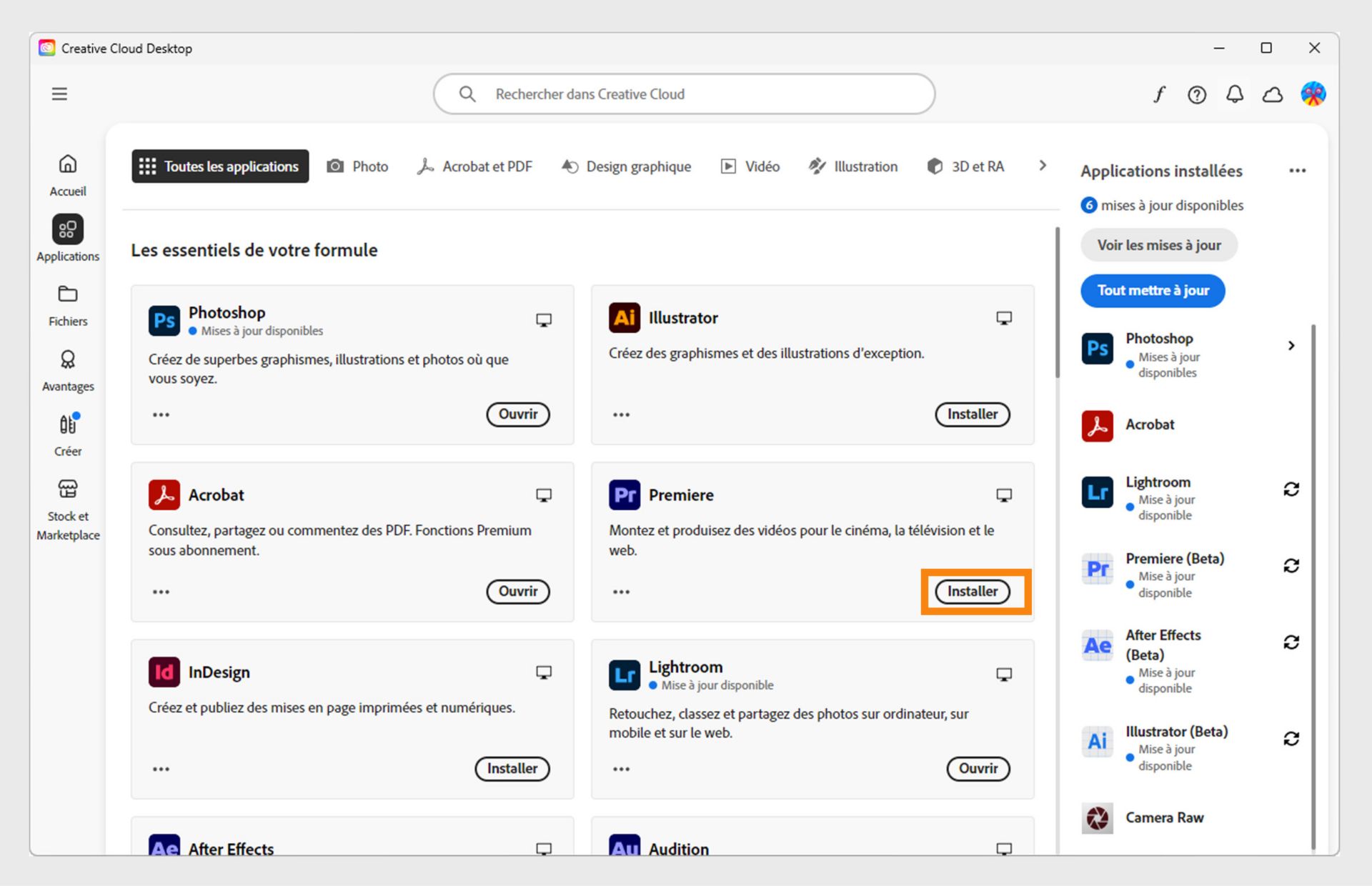 L’onglet Applications du Bureau Creative Cloud affiche les applications disponibles pour le lancement, l’installation, l’ouverture dans le navigateur ou l’ouverture dans le poste de travail.