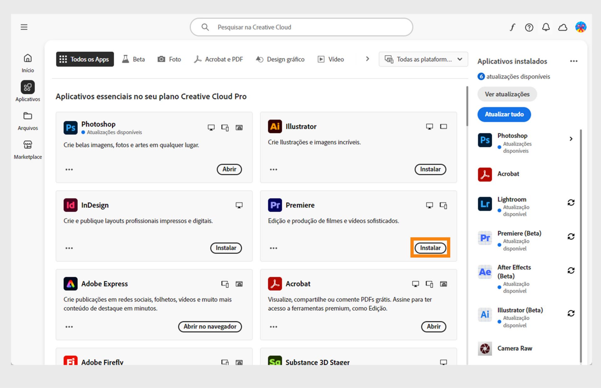 A guia Aplicativos do aplicativo de desktop da Creative Cloud mostra os aplicativos disponíveis para iniciar, instalar, abrir no navegador ou abrir no desktop. 