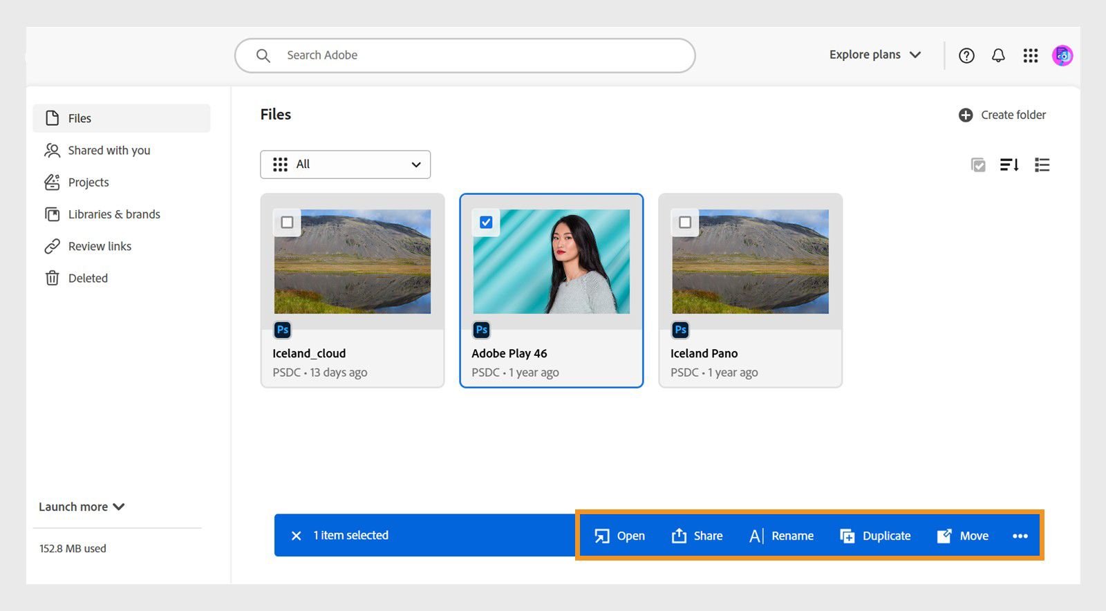 Creative Cloud desktop app and Adobe Home gives you the option to select a file to display more actionables.