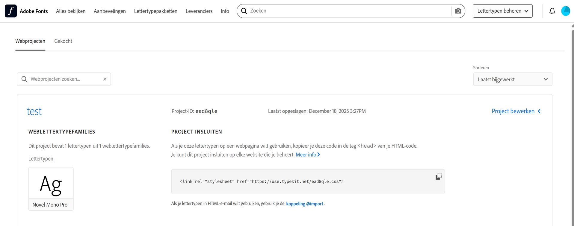 Alle lettertypen die in webprojecten worden gebruikt, worden weergegeven.