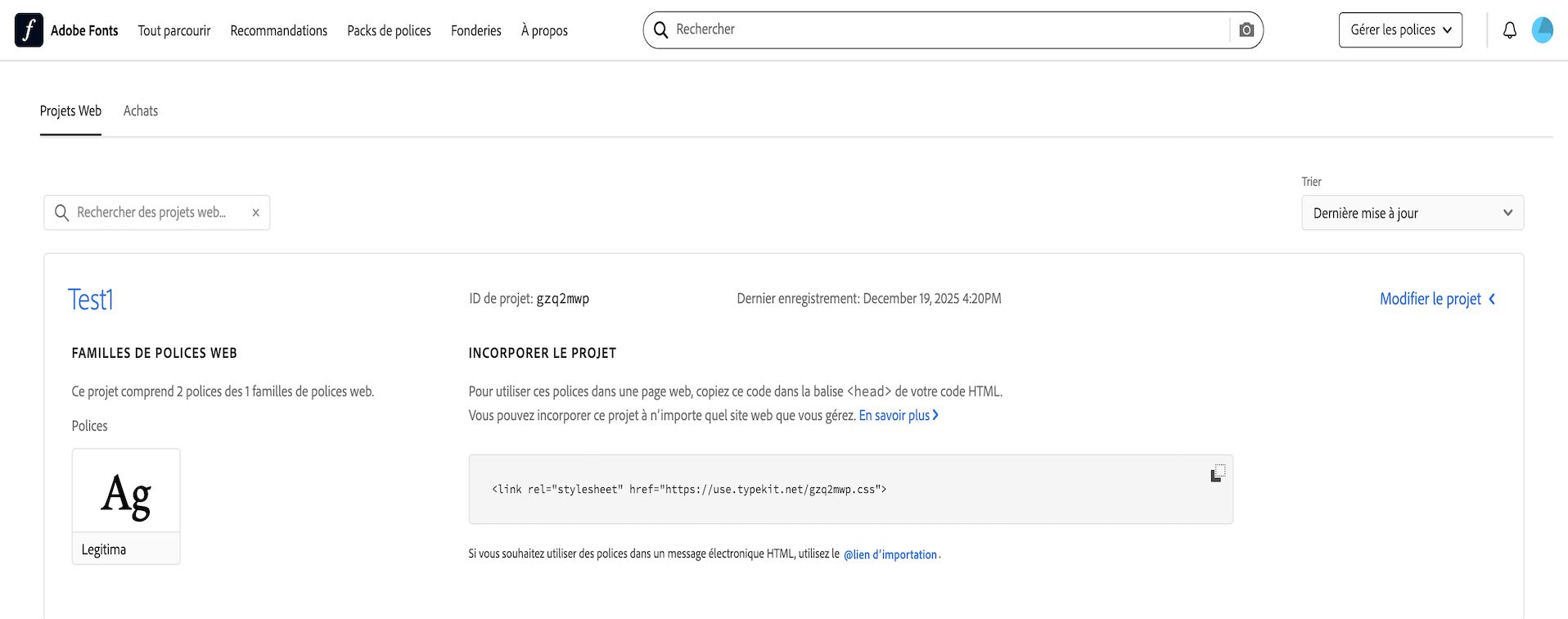 Toutes les polices utilisées dans les projets web sont affichées.