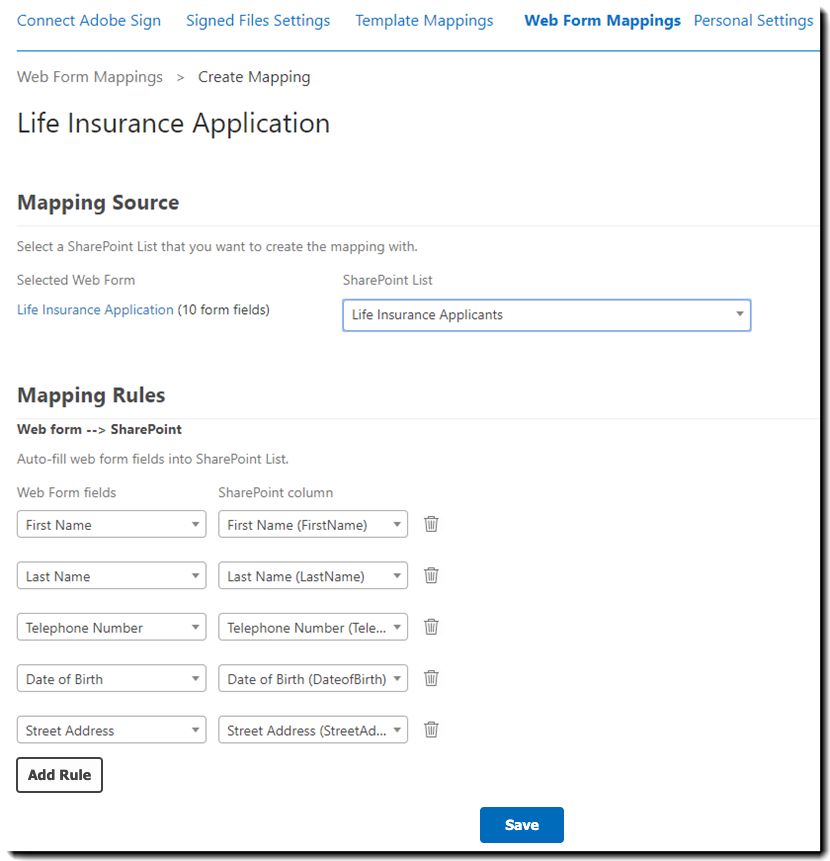 Mappage de formulaire web configuré