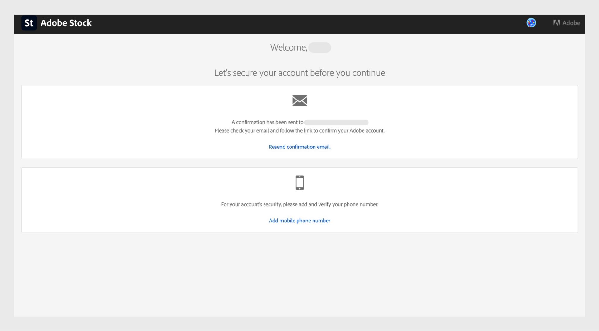 Strona weryfikacji Adobe Stock Contributor z opcjami ponownego wysłania e-maila z potwierdzeniem i dodania numeru telefonu komórkowego w celu aktywacji konta.