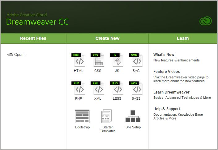 Dreamweaver CC 2015.2 中的「歡迎」畫面