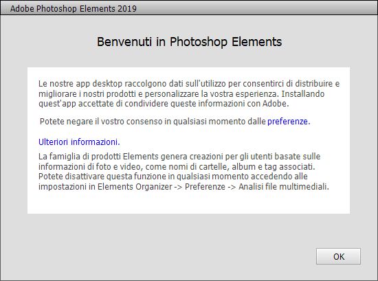 Schermata di benvenuto di Photoshop Elements