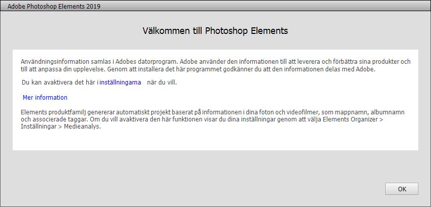 Välkomstskärm för Adobe Photoshop Elements