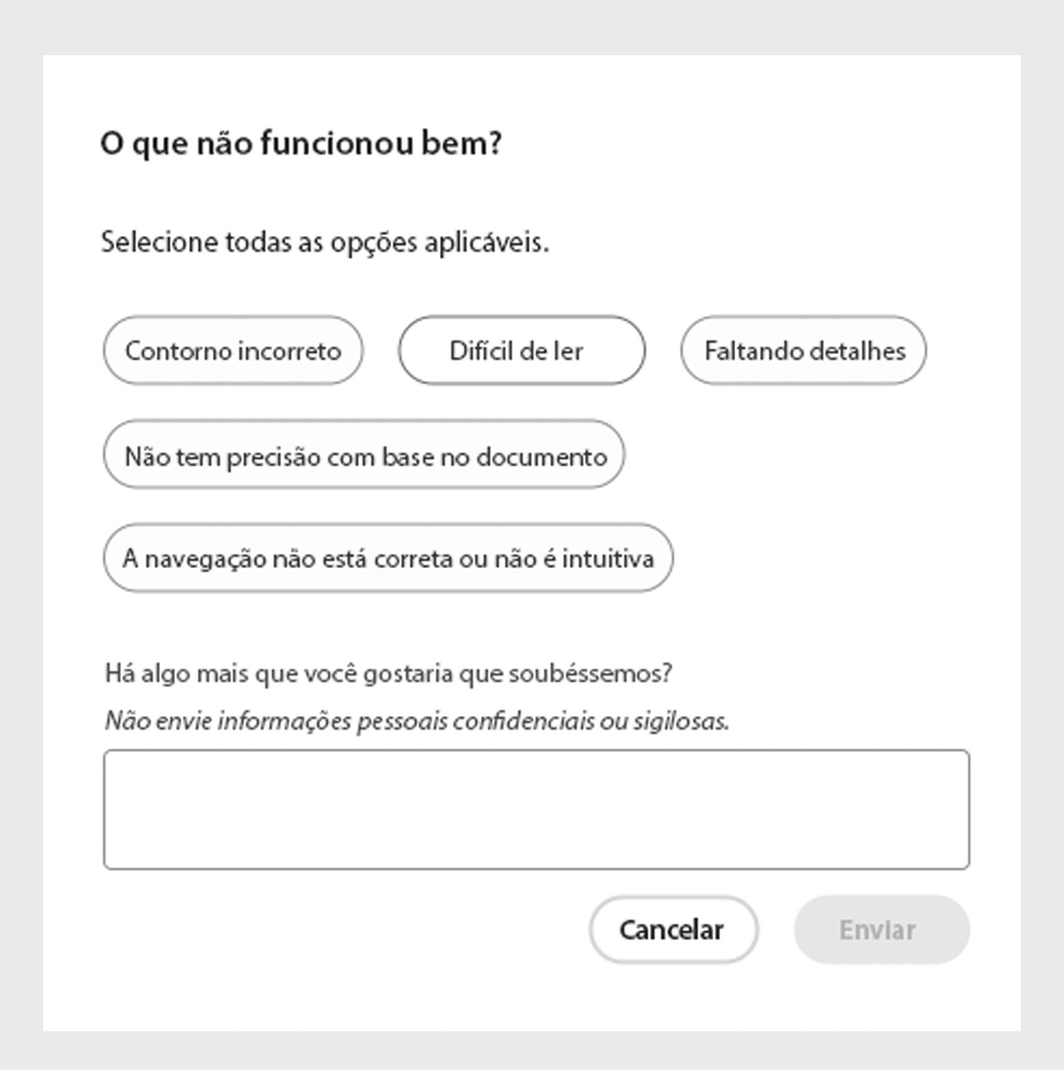 Forneça feedback sobre o que não funcionou bem