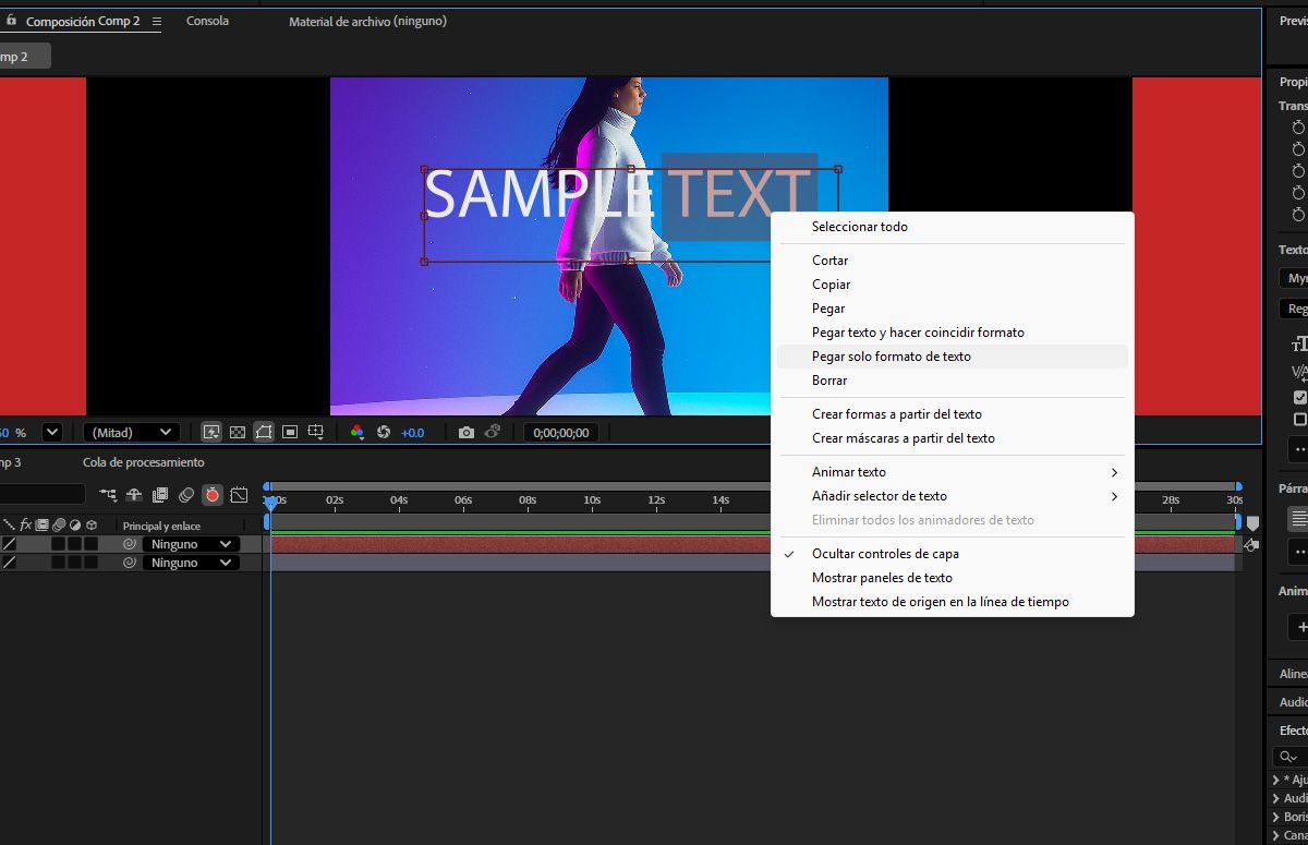 La palabra &quot;texto&quot; está seleccionada, y el menú contextual, al que se accede mediante clic derecho, está visible con la opción &quot;Pegar solo formato de texto&quot; resaltada.