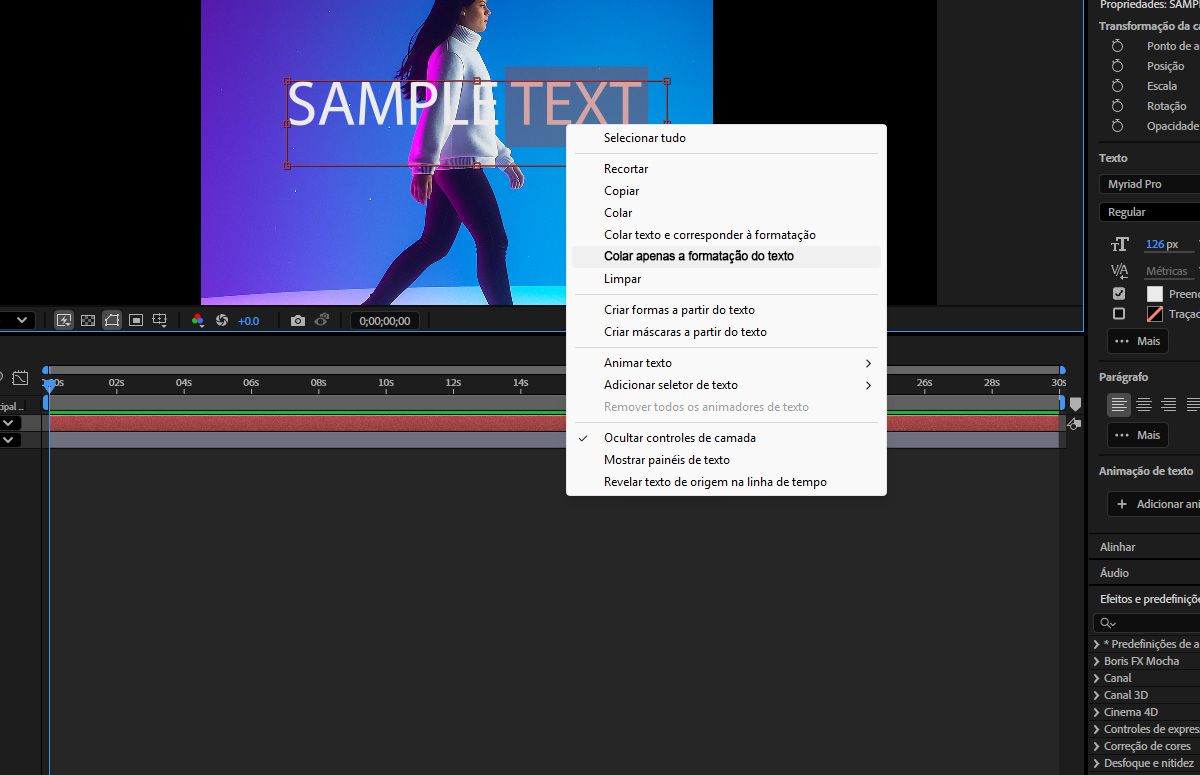 A palavra “texto” está selecionada, e o menu de contexto, acessado com um clique no botão direito do mouse, está visível, com a opção “Colar apenas formatação do texto” realçada.