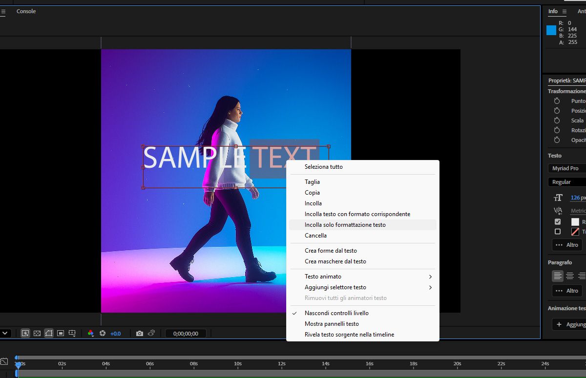La parola &quot;testo&quot; è selezionata e il menu contestuale, accessibile tramite clic destro, è visibile con l'opzione &quot;Incolla solo formattazione testo&quot; evidenziata.
