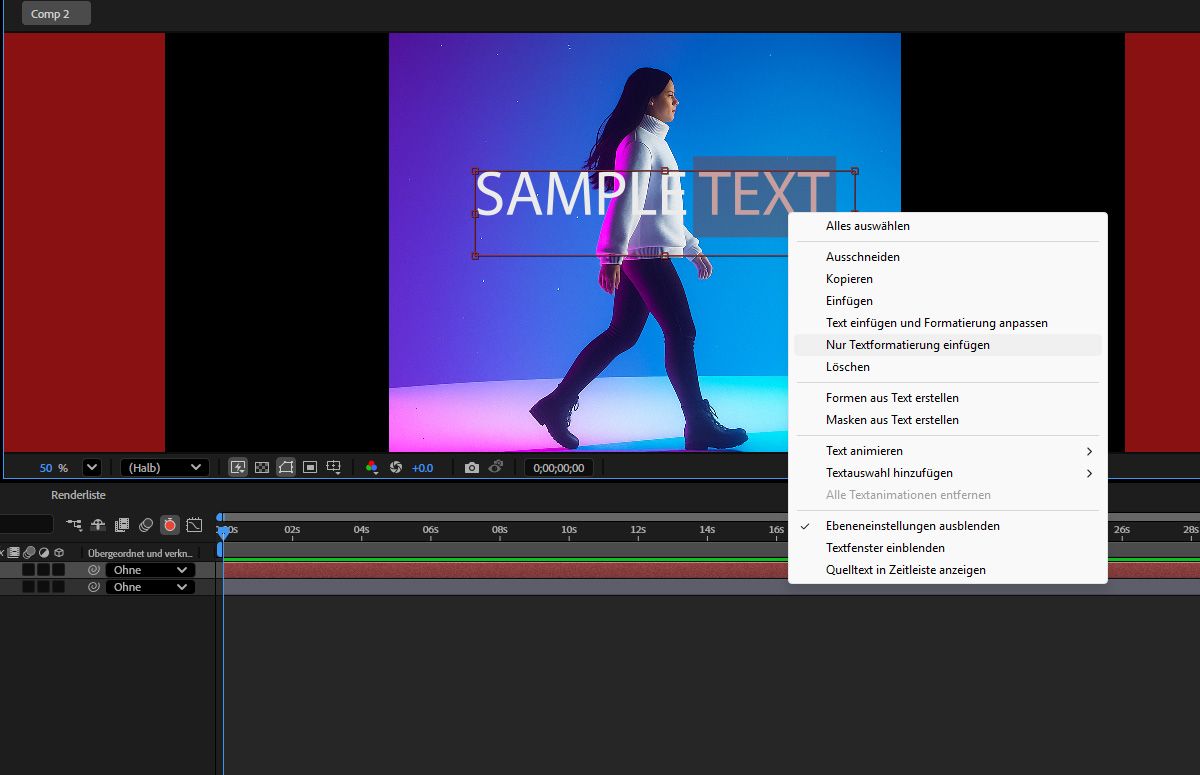 Das Wort „Text“ ist ausgewählt und das Kontextmenü, auf das über Rechtsklick zugegriffen werden kann, wird angezeigt, wobei die Option „Nur Textformatierung einfügen“ hervorgehoben ist.