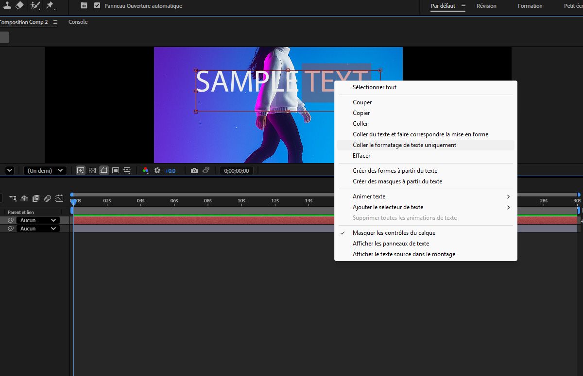 Le mot « texte » est sélectionné, et le menu contextuel, accessible par clic droit, est visible avec l’option « Coller uniquement la mise en forme du texte » en surbrillance.
