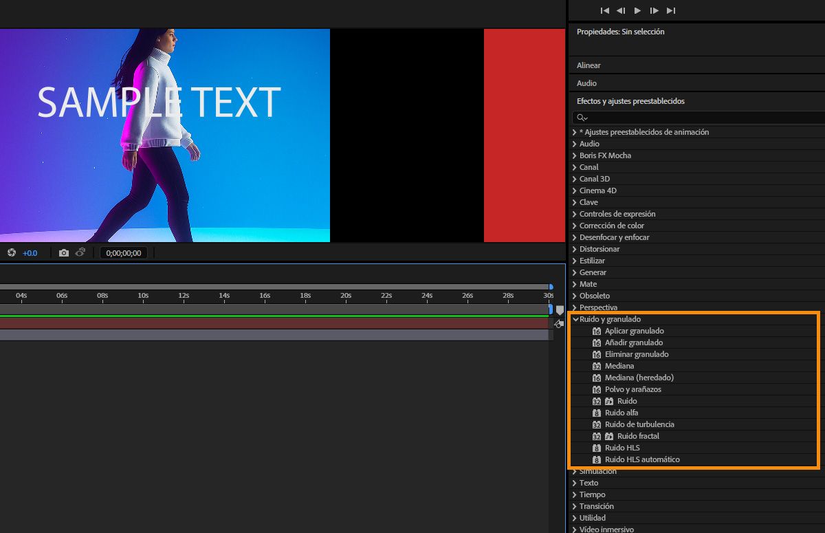 El panel Efectos y ajustes preestablecidos está abierto y la sección de efectos Ruido y granulado está expandida.Hay una lista de efectos, cada uno con una información sobre herramientas correspondiente que se puede utilizar para obtener más información sobre el efecto.
