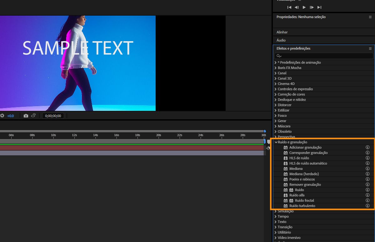 O painel Efeitos e predefinições está aberto e a seção de efeitos Ruído e granulação está expandida.Há uma lista de efeitos, cada um com uma dica de ferramenta correspondente que pode ser usada para saber mais sobre o efeito.