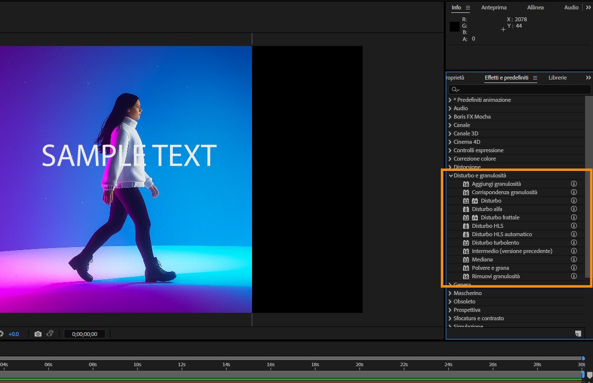 Il pannello Effetti e predefiniti è aperto e la Sezione degli effetti Disturbo e granulosità è espansa.È presente un elenco di effetti, ciascuno con un suggerimento corrispondente che può essere utilizzato per saperne di più sull’effetto.
