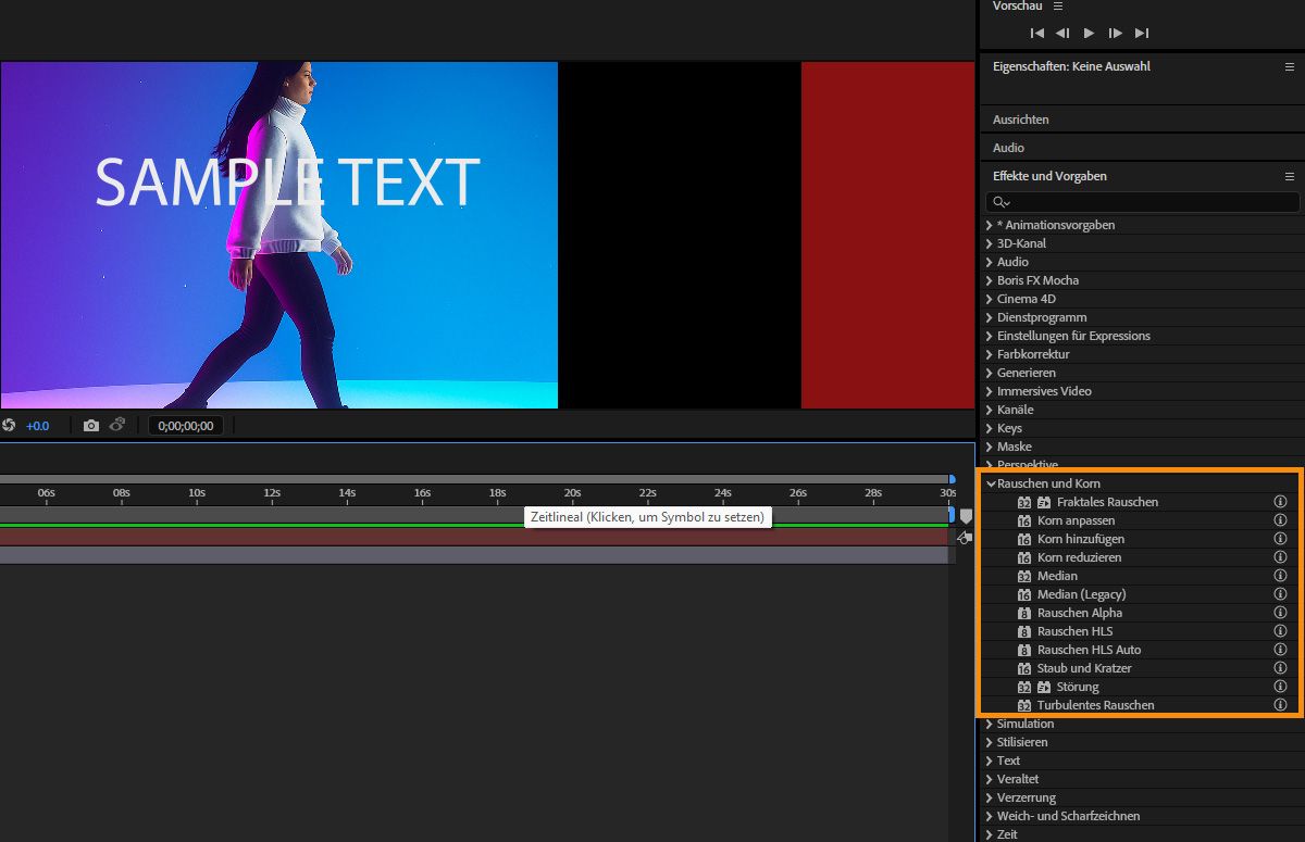 Das Bedienfeld „Effekte und Vorgaben“ ist geöffnet und der Abschnitt „Rauschen und Korn“ wird angezeigt.Eine Liste mit Effekten ist verfügbar mit QuickInfos, durch die du mehr über die jeweiligen Effekte erfährst.