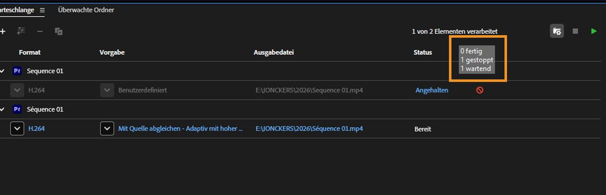 Das Bedienfeld „Warteschlange“ ist geöffnet und Kodierungsaufträge werden verarbeitet, wobei die Auftragsanzahl anzeigt, dass vier von fünf Elementen verarbeitet sind.