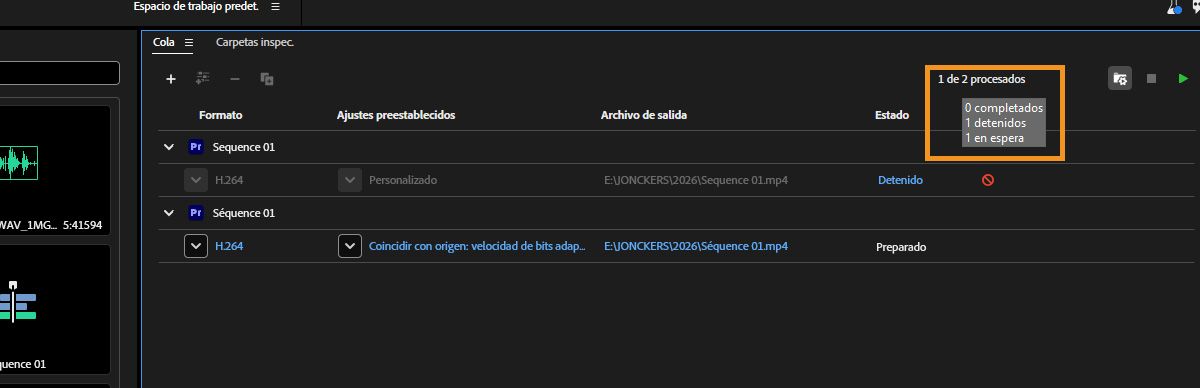 El panel Cola está abierto y se están procesando los trabajos de codificación, con el recuento de trabajos mostrando que cuatro de los cinco elementos están procesados.