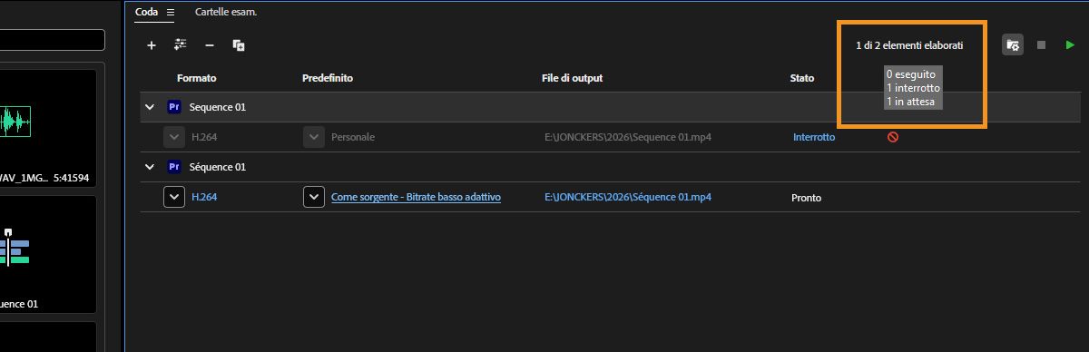 Il pannello Coda è aperto e i processi di codifica sono in fase di elaborazione, con un conteggio dei processi che indica che quattro elementi su cinque sono stati elaborati.