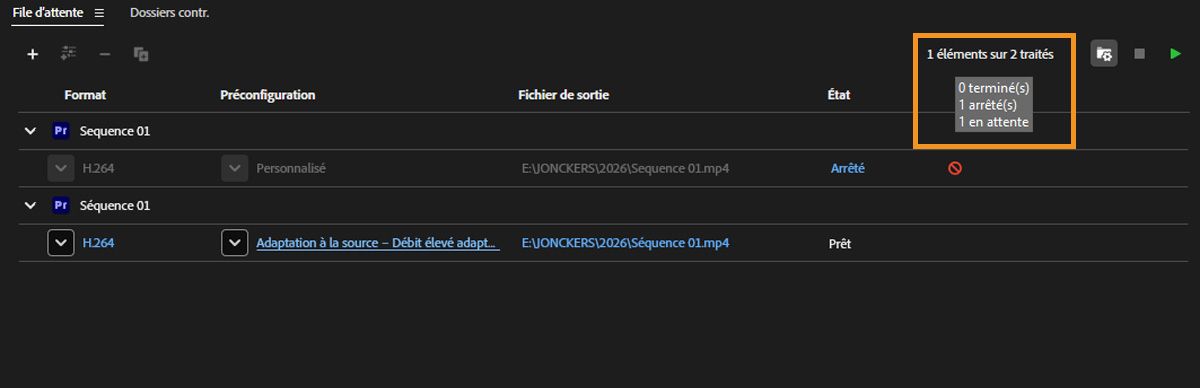 Le panneau File d’attente est ouvert et les traitements d’encodage sont en cours, avec le nombre de traitements indiquant que quatre éléments sur cinq sont traités.