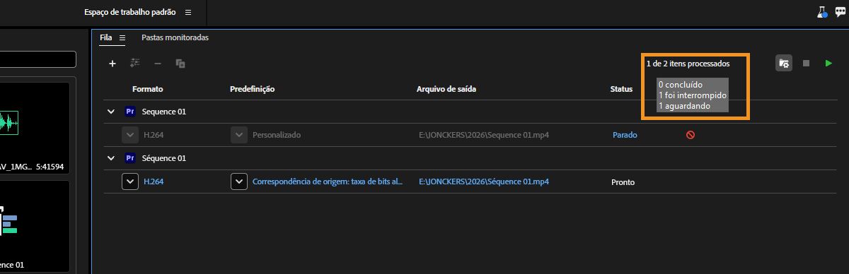 O painel “Fila” está aberto, e tarefas de codificação estão sendo processadas, com a contagem de tarefas mostrando que quatro de cinco itens foram processados.