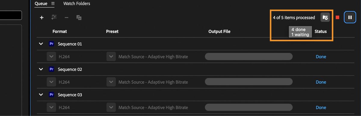 The Queue panel is open, and encoding jobs are being processed, with the job count showing that four out of five items are processed.