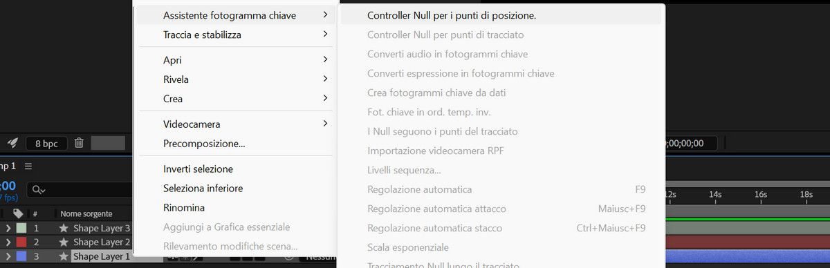 Menu Livello è aperto e, nella sezione Crea, è selezionata l’opzione Controller oggetti nulli per punti di posizione.