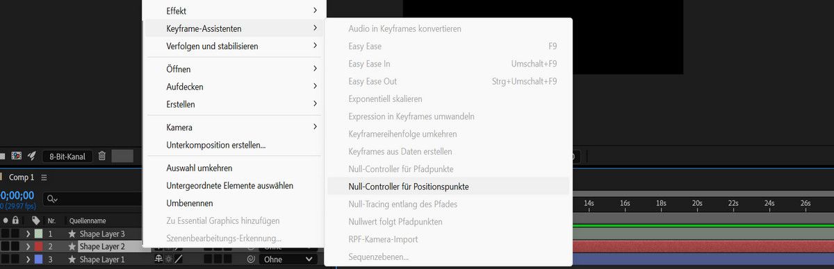 Das Menü „Ebene“ ist geöffnet und unter „Erstellen“ ist die Option „Null-Controller für Positionspunkte“ ausgewählt.