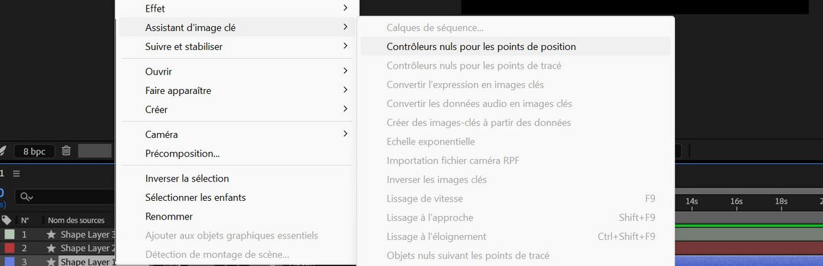 Le menu Calque est ouvert et l’option Contrôleurs nuls pour les points de position est sélectionnée sous Créer.