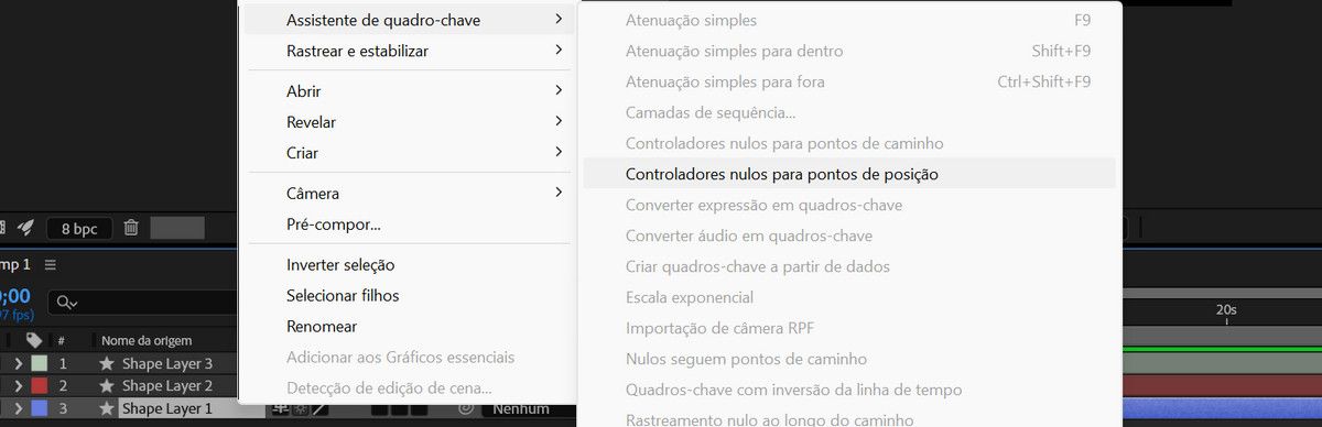 O menu Camada aberto e, em Criar, a opção Controladores nulos para pontos posicionais está selecionada.