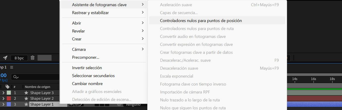 El menú Capa está abierto y en Crear se selecciona la opción Controladores de nulos para puntos de posición.