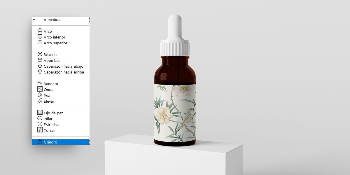 Menú desplegable de deformación de Photoshop con Cilindro seleccionado, mostrando una etiqueta floral envuelta alrededor de un frasco con gotero.Un frasco con gotero.