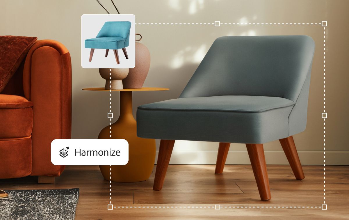 청록색 의자가　있는　거실 장면을 보여주는　이미지에　파란색 테두리 상자가 강조 표시되어　있으며　전면에 상황별 작업 표시줄 오버레이가 있습니다.