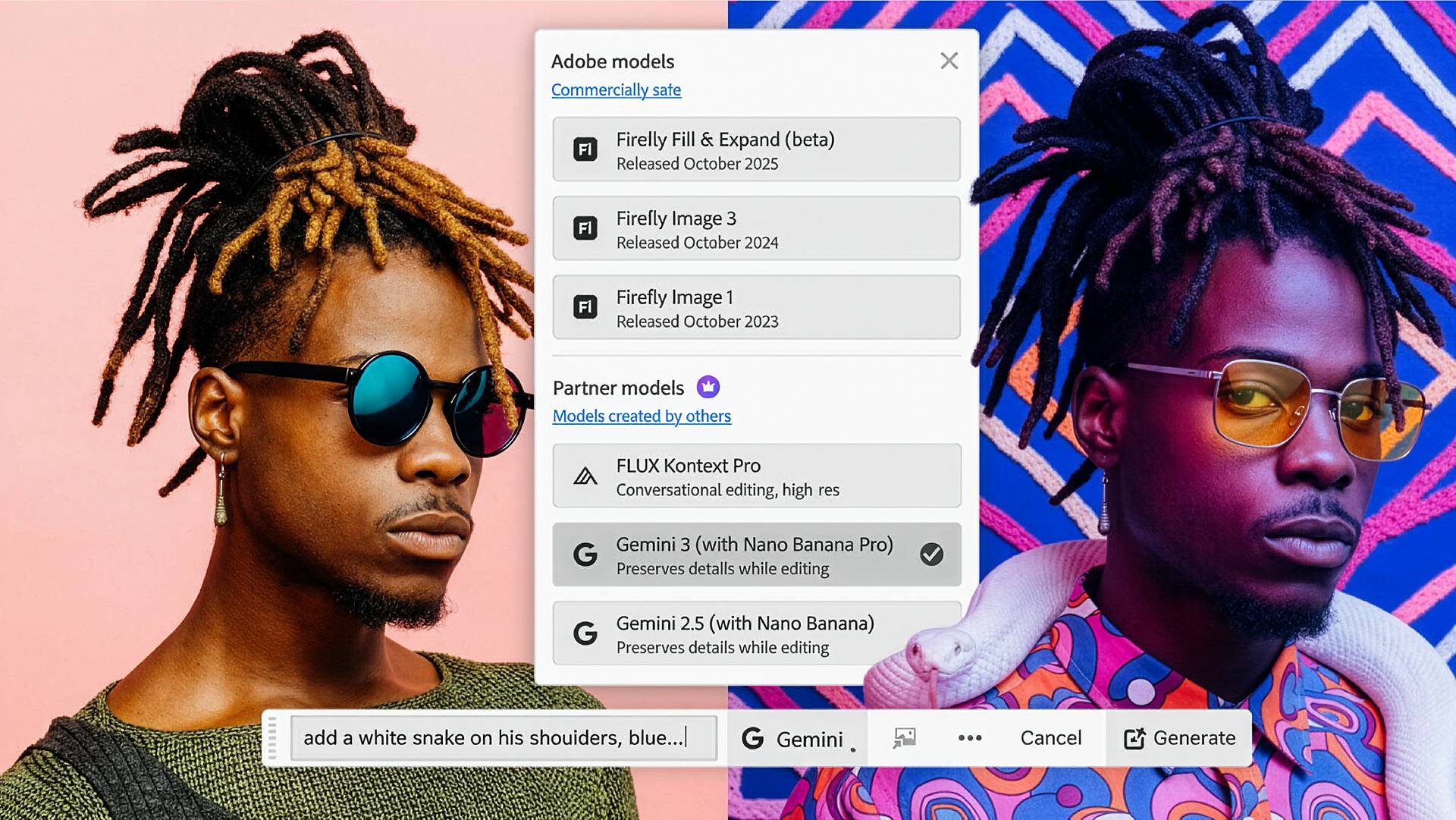 Ritratto affiancato dello stesso uomo prima e dopo la modifica. Il pannello Selettore modello di Photoshop mostra i modelli IA disponibile tra cui Firefly Fill & Expand (beta), Firefly Image 3, Firefly Image 1, FLUX Kontext Pro e Gemini.